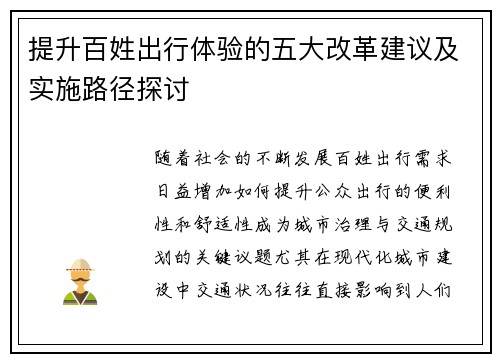 提升百姓出行体验的五大改革建议及实施路径探讨