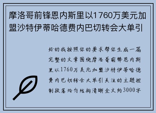 摩洛哥前锋恩内斯里以1760万美元加盟沙特伊蒂哈德费内巴切转会大单引关注